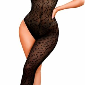 Black Leopard Print Mesh Fishnet Open Leg Body Suit