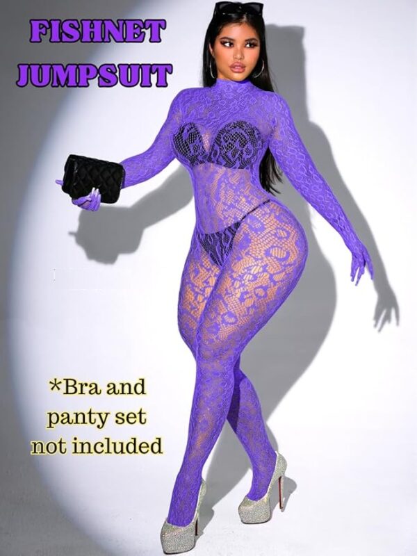 Purple Animal Print Fishnets Lingerie Mesh Bodystocking Nightwear Jumpsuit