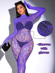 Purple Animal Print Fishnets Lingerie Mesh Bodystocking Nightwear Jumpsuit 